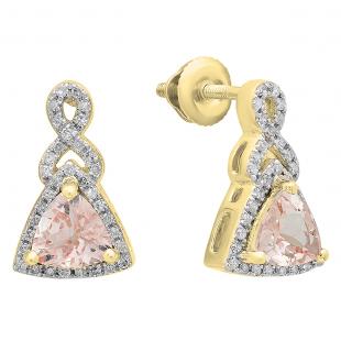 10K Yellow Gold 5 MM Each Trilliant Morganite & Round Diamond Ladies Dangling Earrings