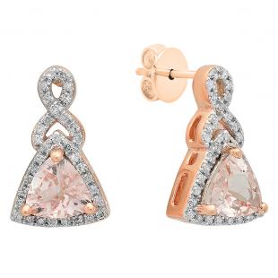 18K Rose Gold 5 MM Each Trilliant Morganite & Round Diamond Ladies Dangling Earrings