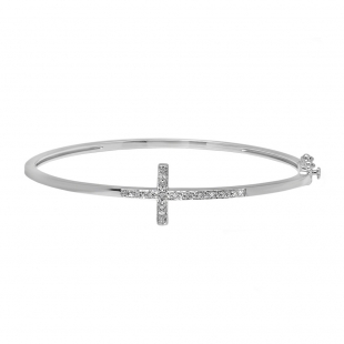0.10 Carat (ctw) Sterling Silver Round White Diamond Ladies Sideways Cross Bangle Bracelet 1/10 CT