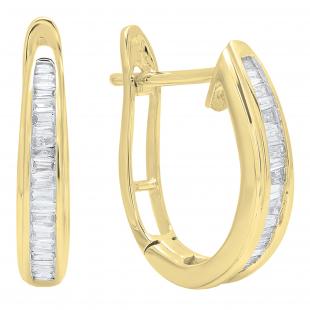 0.18 Carat (ctw) 10K Yellow Gold Baguette Diamond Ladies Hoop Earrings