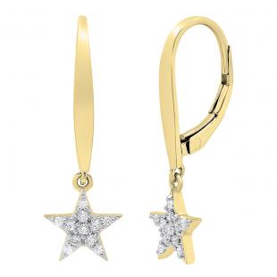 0.20 Carat (ctw) 18K Yellow Gold Round White Diamond Ladies Star Shape Dangling Drop Earrings