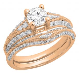 1.33 Carat (ctw) 18K Rose Gold Round White Diamond Ladies Vintage Style Engagement Ring Set