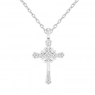 0.10 Carat (ctw) 10K White Gold Round White Diamond Cross Pendant 1/10 CT (Gold Chain Included)