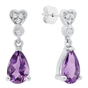 14K White Gold 8X5 MM Each Pear Amethyst & Round White Diamond Ladies Dangling Drop Earrings