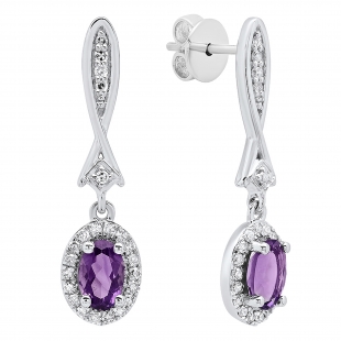 14K White Gold 6X4 MM Each Oval Amethyst & Round White Diamond Ladies Dangling Drop Earrings