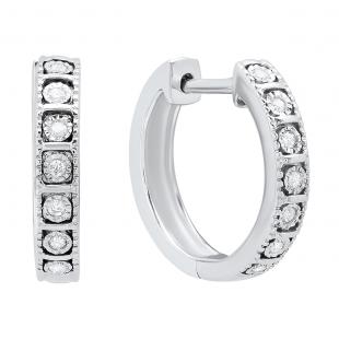 0.10 Carat (ctw) Sterling Silver Round White Diamond Ladies Huggies Hoop Earrings 1/10 CT