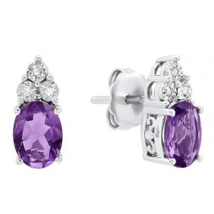 Sterling Silver 7X5 MM Each Oval Amethyst & Round White Diamond Ladies Stud Earrings