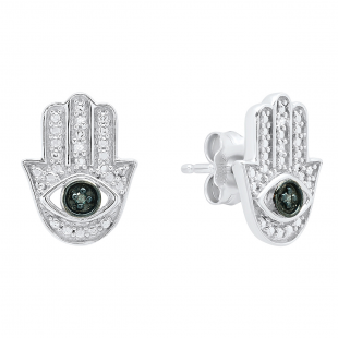 0.03 Carat (ctw) Sterling Silver Round White & Blue Diamond Ladies Hamsa Earrings