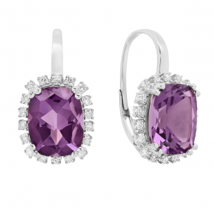 14K White Gold 10X8 MM Each Cushion Amethyst & Round Diamond Ladies Halo Dangling Drop Earrings