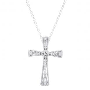 0.10 Carat (ctw) Sterling Silver Round White Diamond Ladies Vintage Style Cross Pendant 1/10 CT