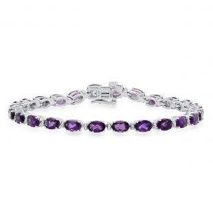 Sterling Silver 4X6 MM Oval Amethyst & Round White Diamond Ladies Tennis Bracelet