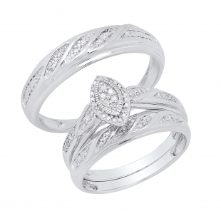 0.12 Carat (ctw) Sterling Silver Round White Diamond Men's & Women's Engagement Ring Trio Set