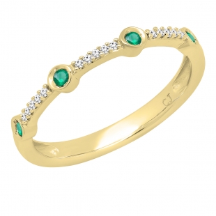 10K Yellow Gold Round Emerald & White Diamond Ladies Anniversary Wedding Band