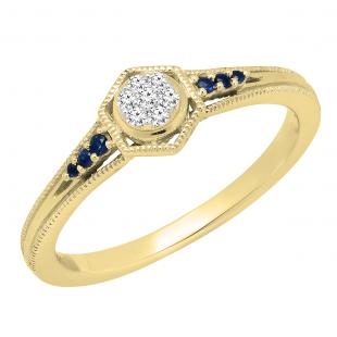 10K Yellow Gold Round Blue Sapphire & White Diamond Ladies Cluster Hexagon Frame Engagement Ring