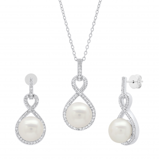 Sterling Silver Round White Freshwater Pearl & Diamond Ladies Infinity Drop Earrings & Pendant Set