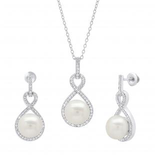 Sterling Silver Round White Freshwater Pearl & Diamond Ladies Infinity Drop Earrings & Pendant Set