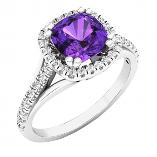 14K White Gold 7 MM Cushion Amethyst & Round White Diamond Ladies Bridal Halo Style Engagement Ring