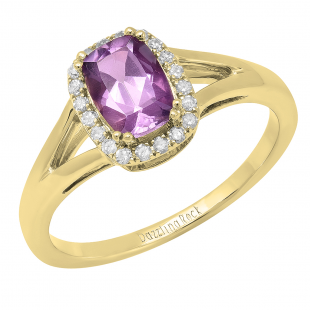 10K Yellow Gold 7X5 MM Cushion Amethyst & Round Diamond Ladies Engagement Ring