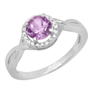 14K White Gold 6 MM Round Amethyst & White Diamond Ladies Bridal Engagement Ring