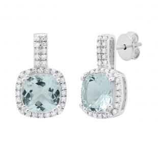 Sterling Silver 7 MM Each Cushion Aquamarine & Round White Diamond Ladies Drop Earrings