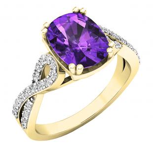 10K Yellow Gold 9X7 MM Oval Amethyst & Round White Diamond Ladies Swirl Split Shank Engagement Ring