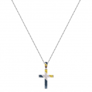 1.10 Carat (ctw) Sterling Silver Blue White and Yellow Diamond Mens Hip Hop Cross Pendant
