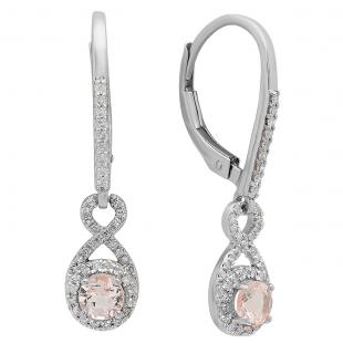 10K White Gold 4 MM Round Morganite & White Diamond Ladies Infinity Dangling Drop Earrings