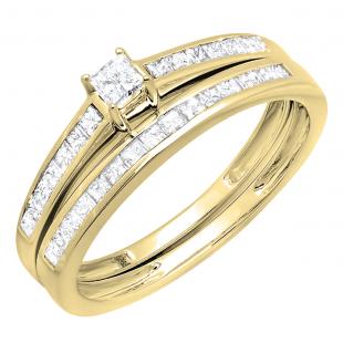 0.75 Carat (ctw) 10K Yellow Gold Princess Diamond Ladies Bridal Engagement Ring Set 3/4 CT