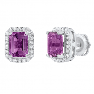 7X5 MM Each Emerald Shape Amethyst and Round Diamond Ladies Halo Stud Earrings 10K White Gold