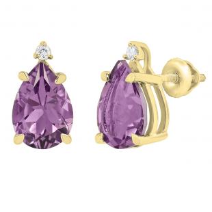 10X7 MM Each Pear Amethyst and Round Diamond Ladies Stud Earrings 14K Yellow Gold