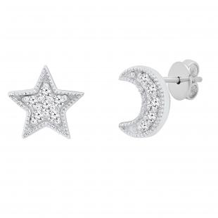 0.10 Carat (cttw) Round White Diamond Moon and Star Mismatch Stud Earrings 1/10 CT Sterling Silver