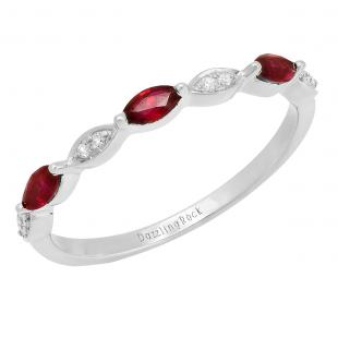 Marquise Ruby and Round Diamond Ladies Anniversary Wedding Band 10K White Gold