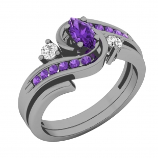 Black Rhodium Plated 6X3 MM Marquise Amethyst Round Amethyst and Diamond Ladies Ring Set 14K White Gold
