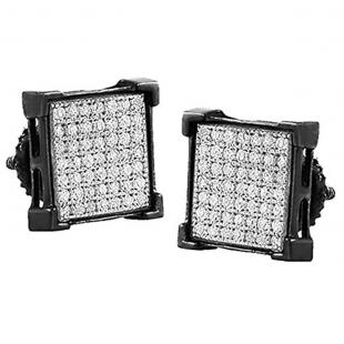 0.05 Carat (cttw) Black Rhodium Plated Round Diamond Square Shape Mens Iced Stud Earrings Sterling Silver