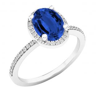 8X6 mm Oval Blue Sapphire & Round White Diamond Ladies Bridal Halo Engagement Ring 14K White Gold