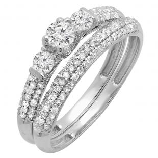 0.85 Carat (cttw) Round Diamond 3 Stone Ladies Bridal Engagement Ring Wedding Band Set 10K White Gold