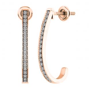 0.10 Carat (cttw) Round White Diamond Ladies J Shape Hoop Earrings 1/10 CT 18K Rose Gold