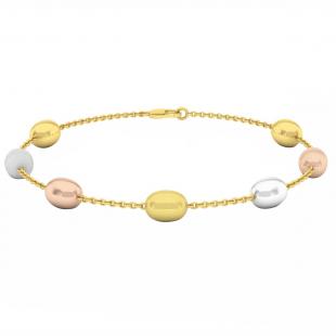Three Tone Ladies Oval Cable Chain Bead Bracelet 14K White Yellow & Rose Gold
