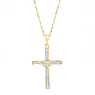 0.20 Carat (cttw) Round Diamond Heart Cross Pendant 1/5 CT (Gold Chain Included) 10K Yellow Gold