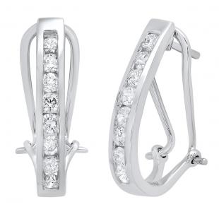 1.05 Carat (cttw) Round White Diamond Ladies J Shape Hoop Earrings 1 CT 10K White Gold