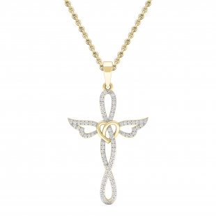 0.20 Carat (cttw) Round Diamond Ladies Cross Heart Winged Pendant 1/5 CT 10K Yellow Gold