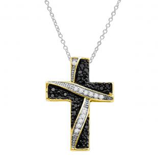 0.25 Carat (Cttw) Round Black and White Diamond Ladies Cross Pendant 1/4 CT 10K Yellow Gold