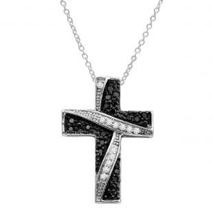0.25 Carat (Cttw) Round Black and White Diamond Ladies Cross Pendant 1/4 CT 10K White Gold