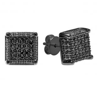 1.25 Carat (cttw) Round Black Diamond Dice Mens Stud Earrings 1 1/4 CT Black Rhodium Plated Sterling Silver