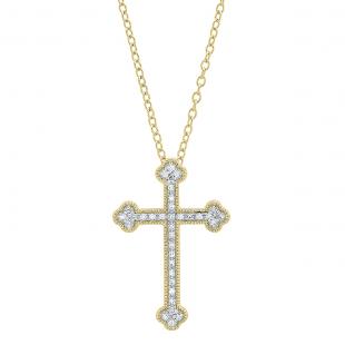 0.15 Carat (cttw) Round White Diamond Ladies Cross Pendant (Gold Chain Included) 10K Yellow Gold