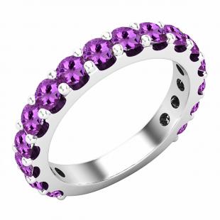 3 mm Round Amethyst Ladies Anniversary Stackable Wedding Band 10K White Gold