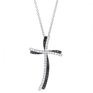 0.55 Carat (cttw) Round Balck & White Diamond Ladies Double Wavy Cross Pendant 1/2 CT Sterling Silver