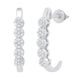 0.30 Carat (cttw) Round White Diamond Ladies J Shape Hoop Earrings 1/3 CT Sterling Silver