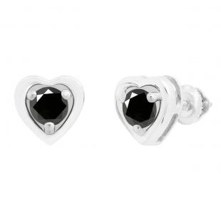 0.80 Carat (cttw) Round Black Diamond Ladies Solitaire Heart Shaped Stud Earrings 14K White Gold