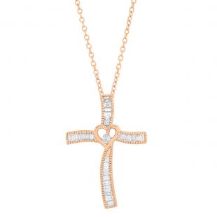0.50 Carat (cttw) Round & Baguette Diamond Ladies Heart Cross Pendant 1/2 CT 18K Rose Gold
